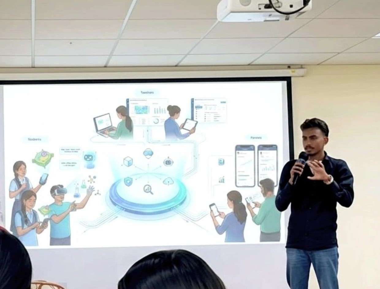 Student wearing AR headset engaging with interactive 3D educational content in virtual learning environment